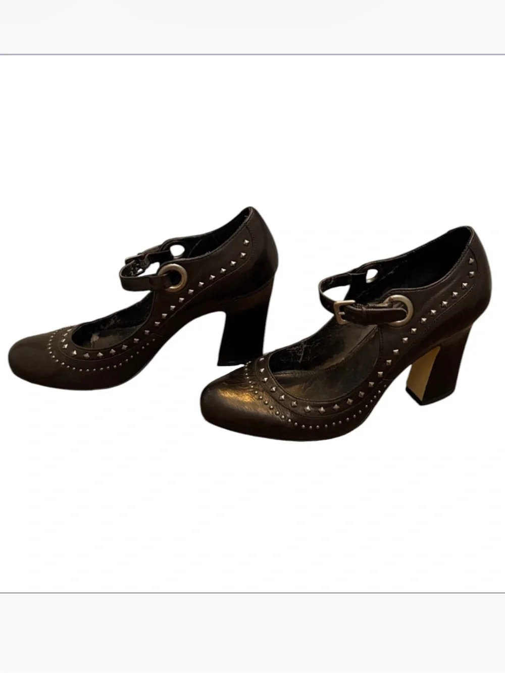 B. Makowsky Black Leather Studded Mary Jane Heels Size 6